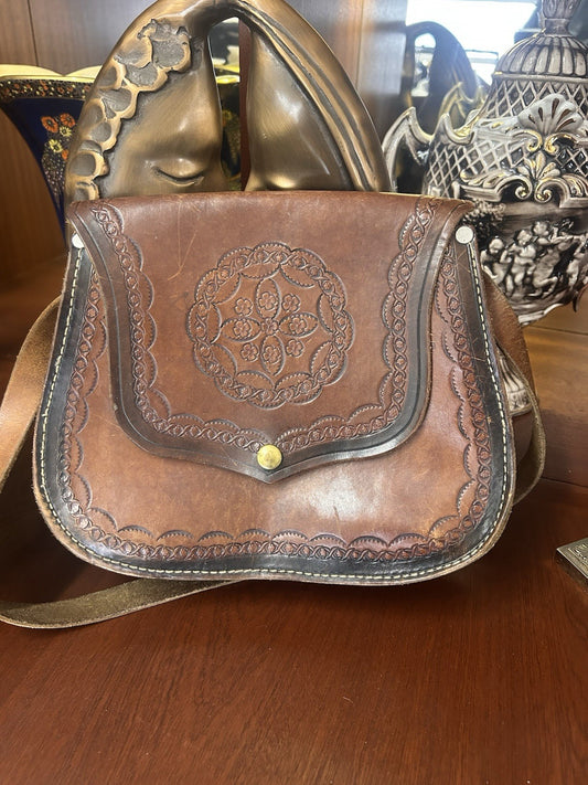 Vintage Tooled Leather Saddle Bag Crossbody Satchel Boho Western Brown