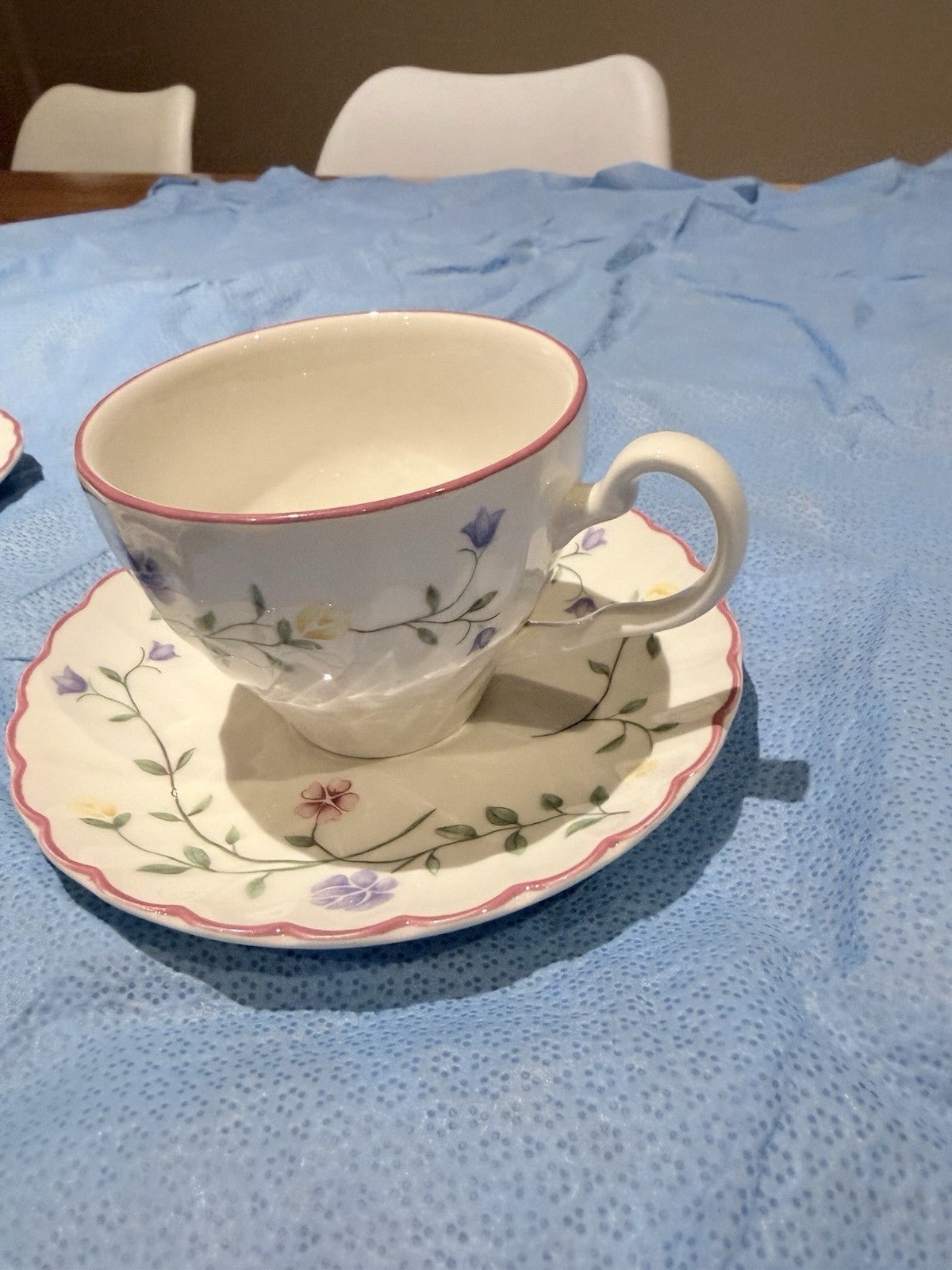 Johnson Brothers Tea Cups Saucers Set 5 Floral Pink Trim England Vintage
