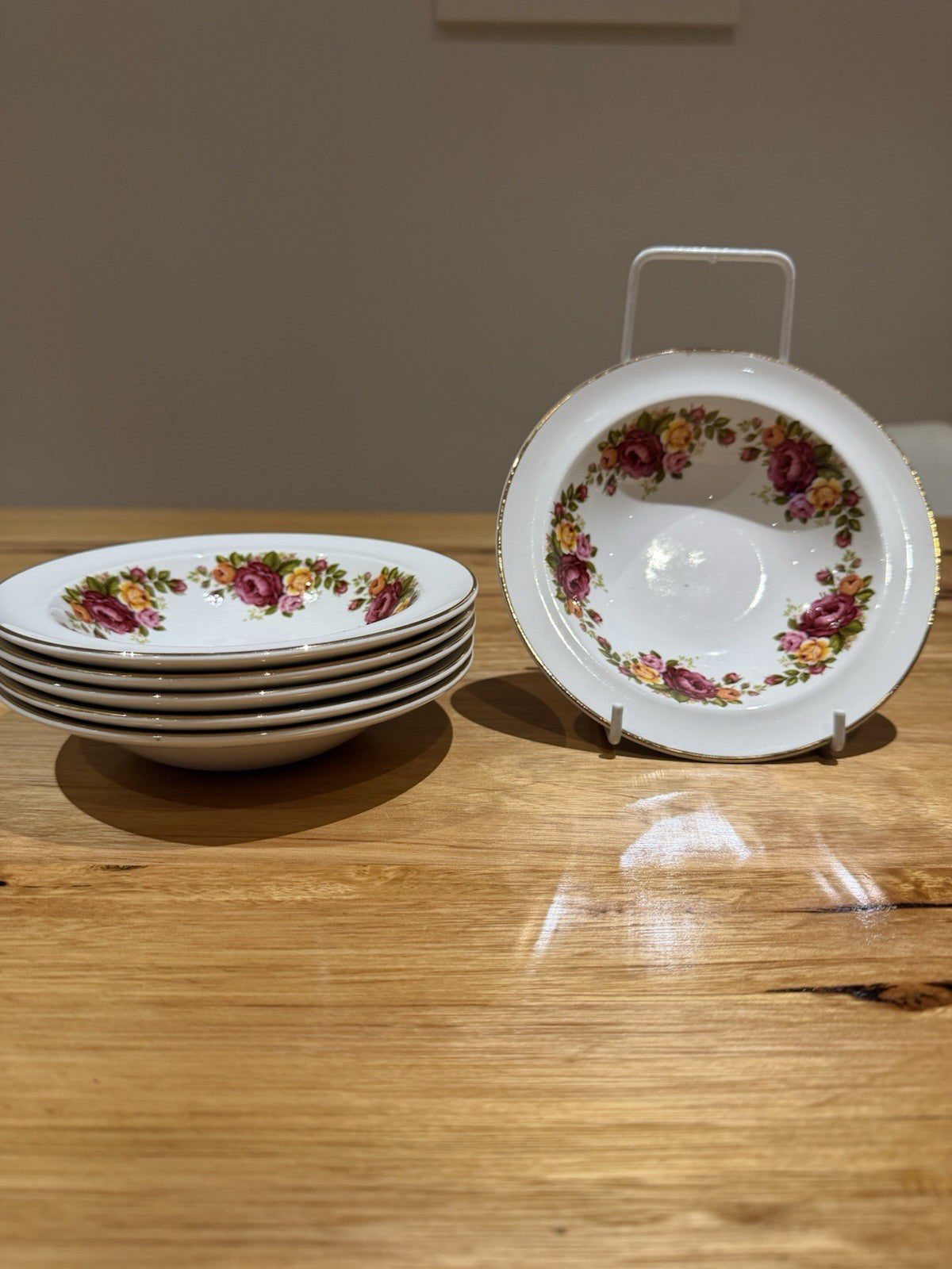6 x Wood & Sons Cottage Rose Dessert Bowls England Floral Ironstone 16cm