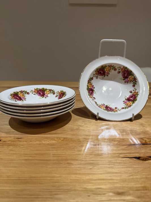6 x Wood & Sons Cottage Rose Dessert Bowls England Floral Ironstone 16cm