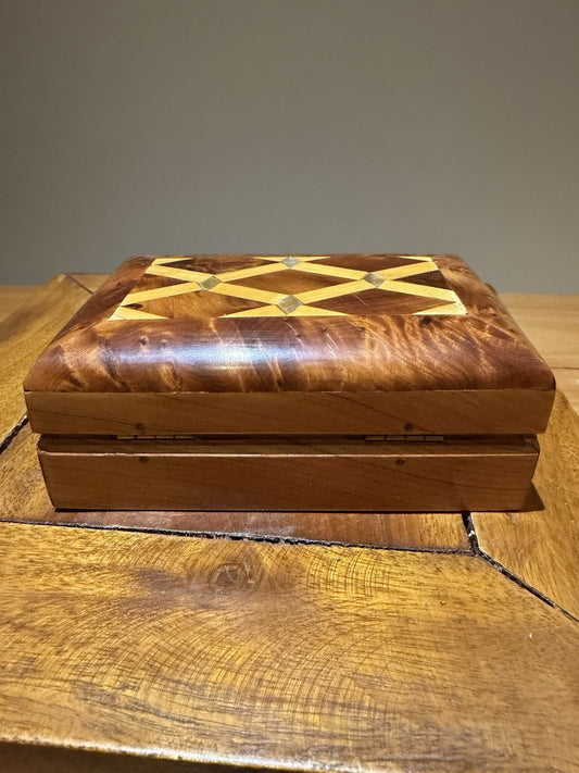 Vintage Wooden Trinket Box Inlaid Lid Burl Timber Jewellery Box