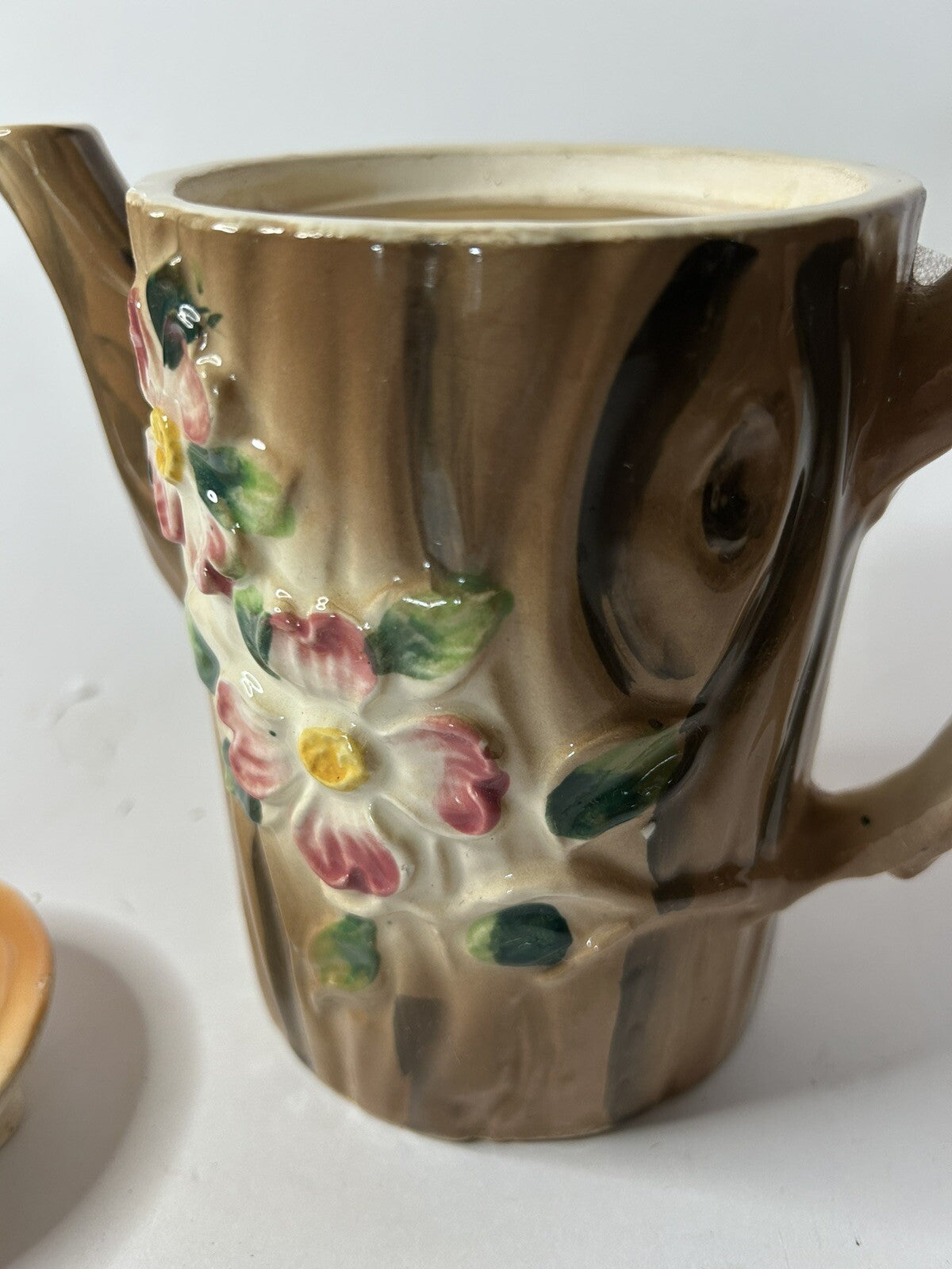Rare 1950s Nasco Tree Trunk Tea Pot w flowers Good Condition Collectable
