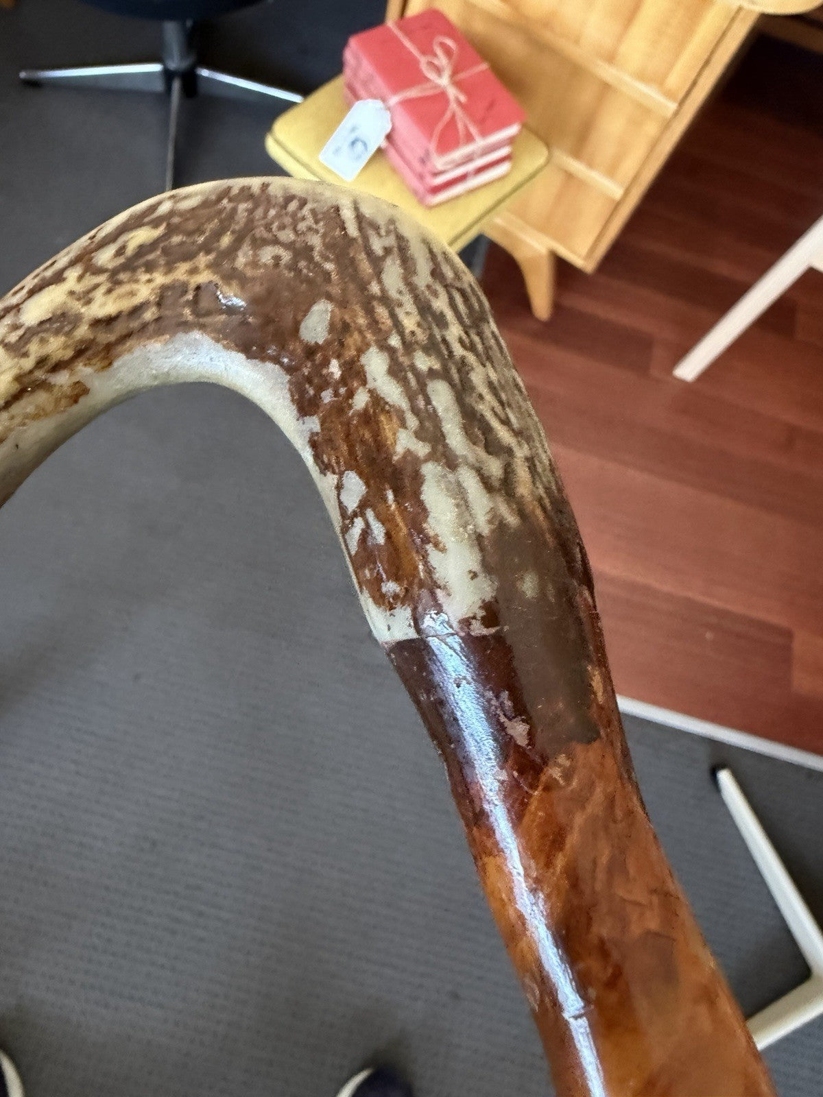 Vintage Antler Handle Walking Stick Cane Abalone Inlay Carved Timber 95cm