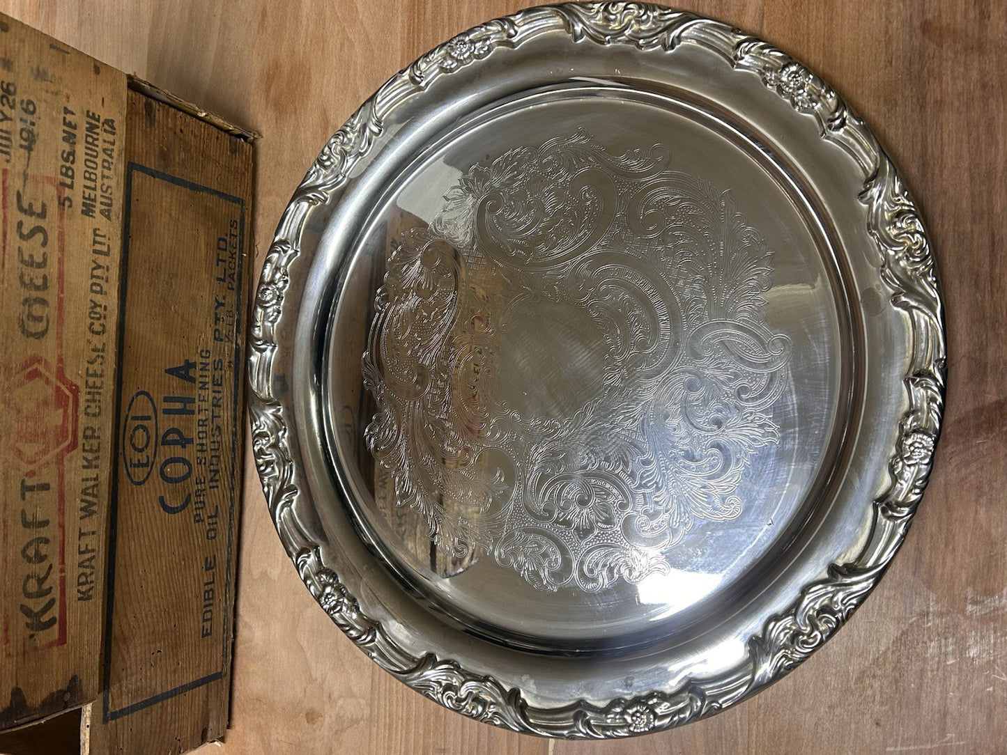 Vintage Stokes Silver-Plated Ornate Tray 35cm Rococo Scroll Design Australia