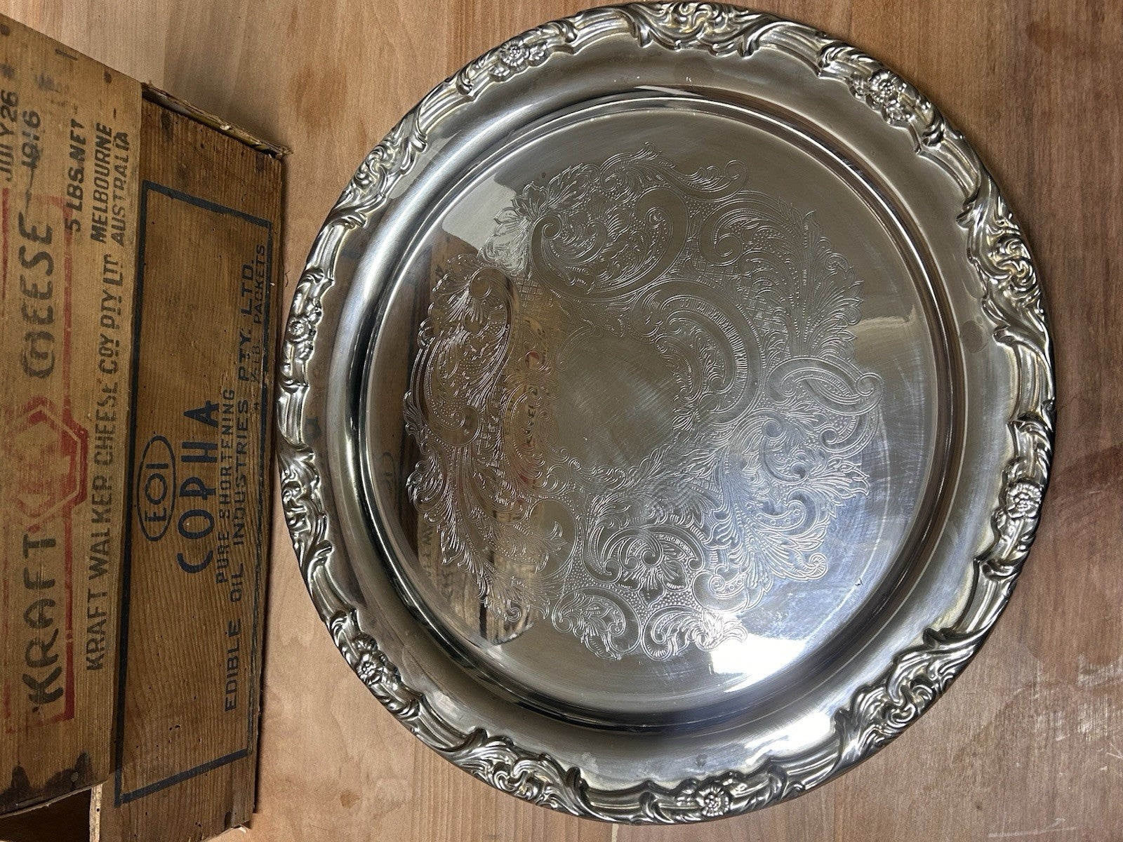 Vintage Stokes Silver-Plated Ornate Tray 35cm Rococo Scroll Design Australia