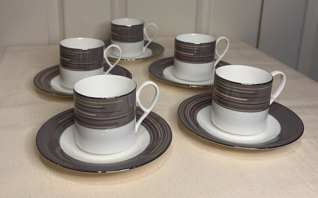 Mikasa Bone China M6056 Japan – Set of 5 Cups & Saucers – Modern Stripe Design