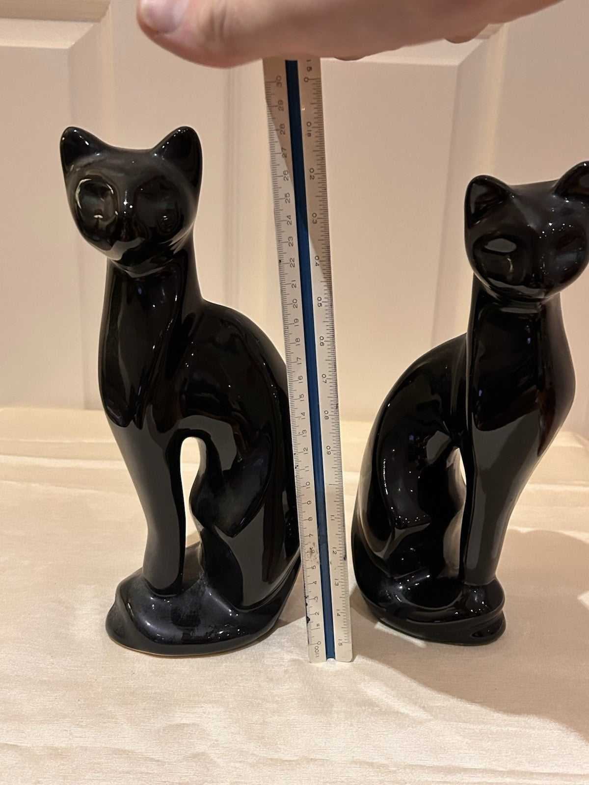Vintage Pair Black Ceramic Cat Figurines Made in Taiwan 25cm Gloss Finish
