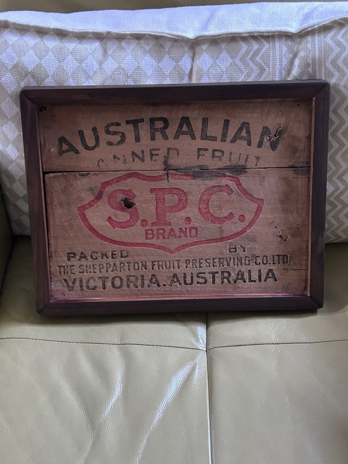 SPC Shepparton Vintage Fruit Crate End Framed Sign Australian Timber Box