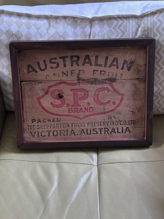 SPC Shepparton Vintage Fruit Crate End Framed Sign Australian Timber Box