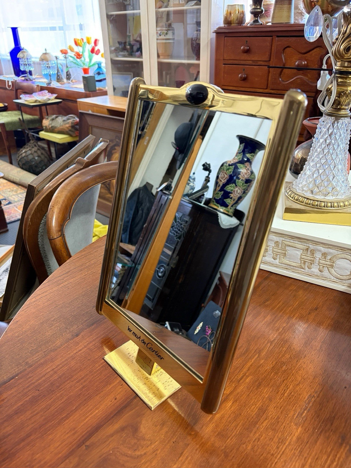 Vintage Les Must de Cartier Brass Vanity Mirror 1970s Black Cabochon France