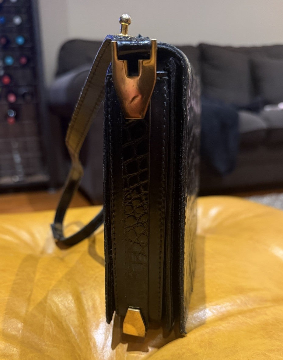 Vintage Lancel Black Leather Crocodile Effect Shoulder Bag Gold Hardware