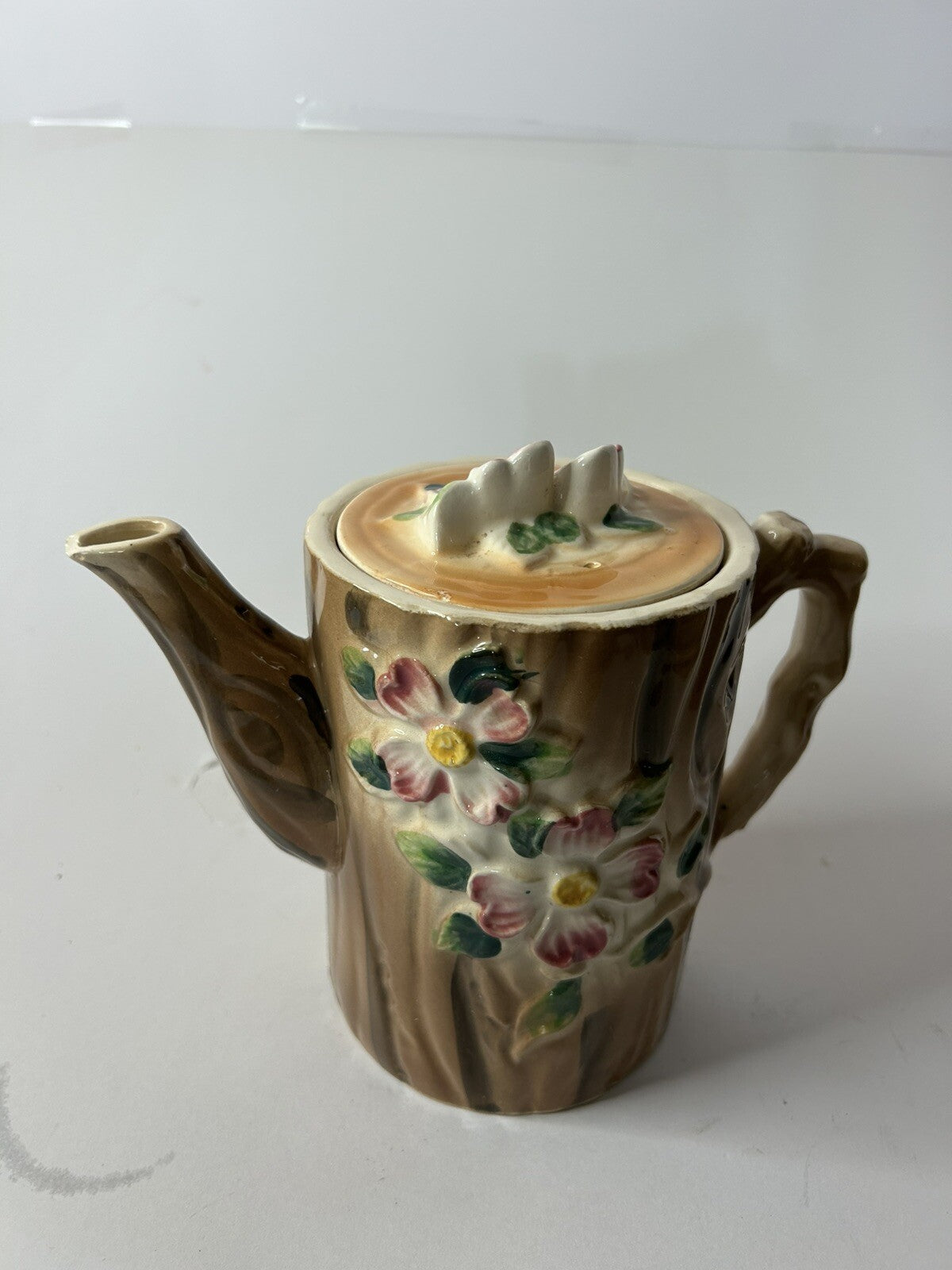 Rare 1950s Nasco Tree Trunk Tea Pot w flowers Good Condition Collectable