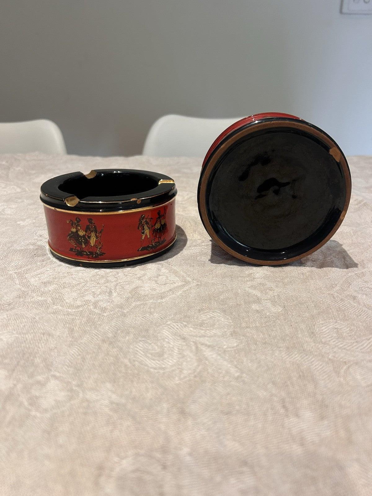 Vintage Italian Ceramiche Fiorentine Ashtrays Pair Red Black Gold c1950s 