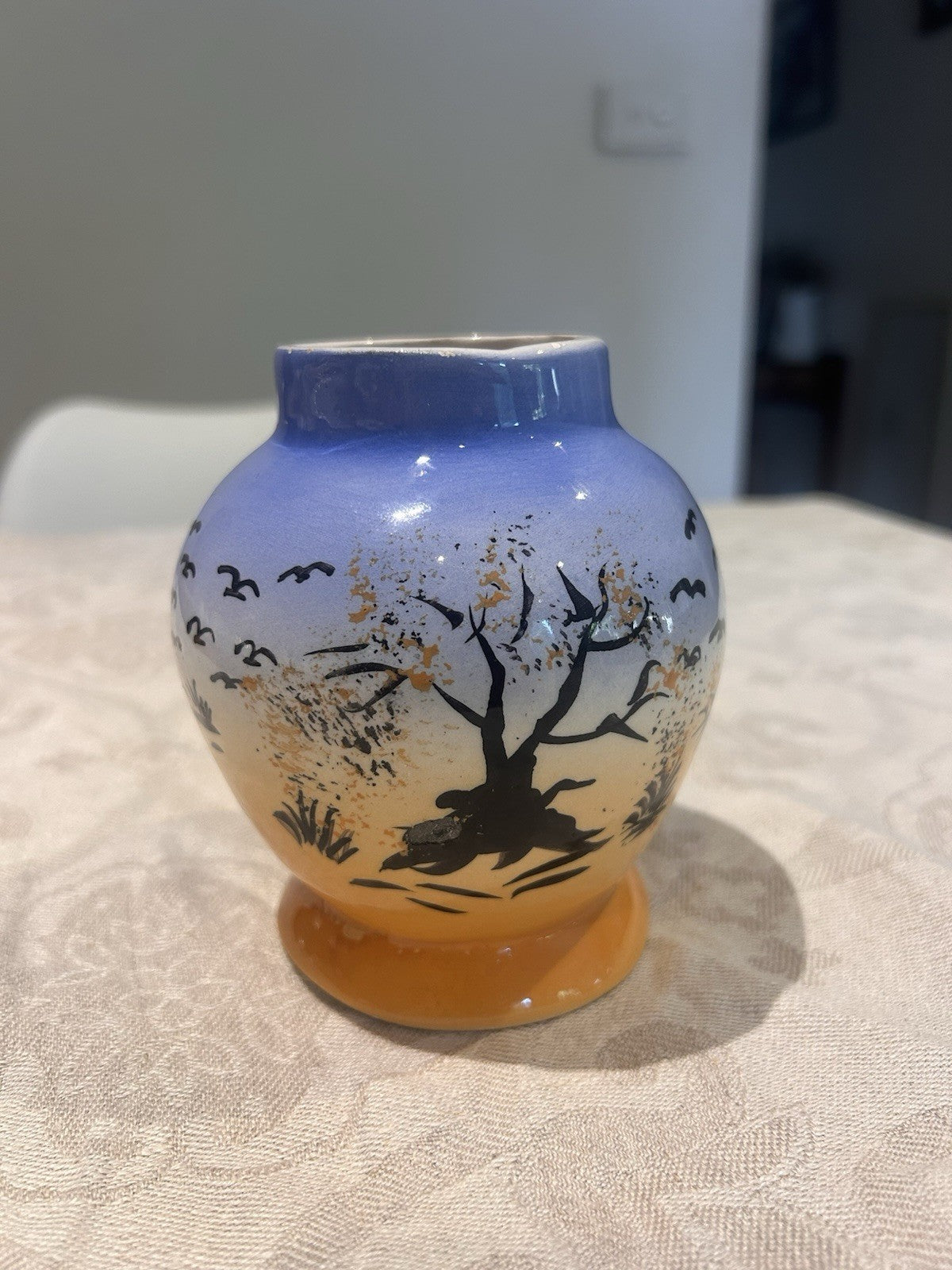 Vintage Hand Painted Scenic Vase Birds Tree Blue Orange Glaze c1960s