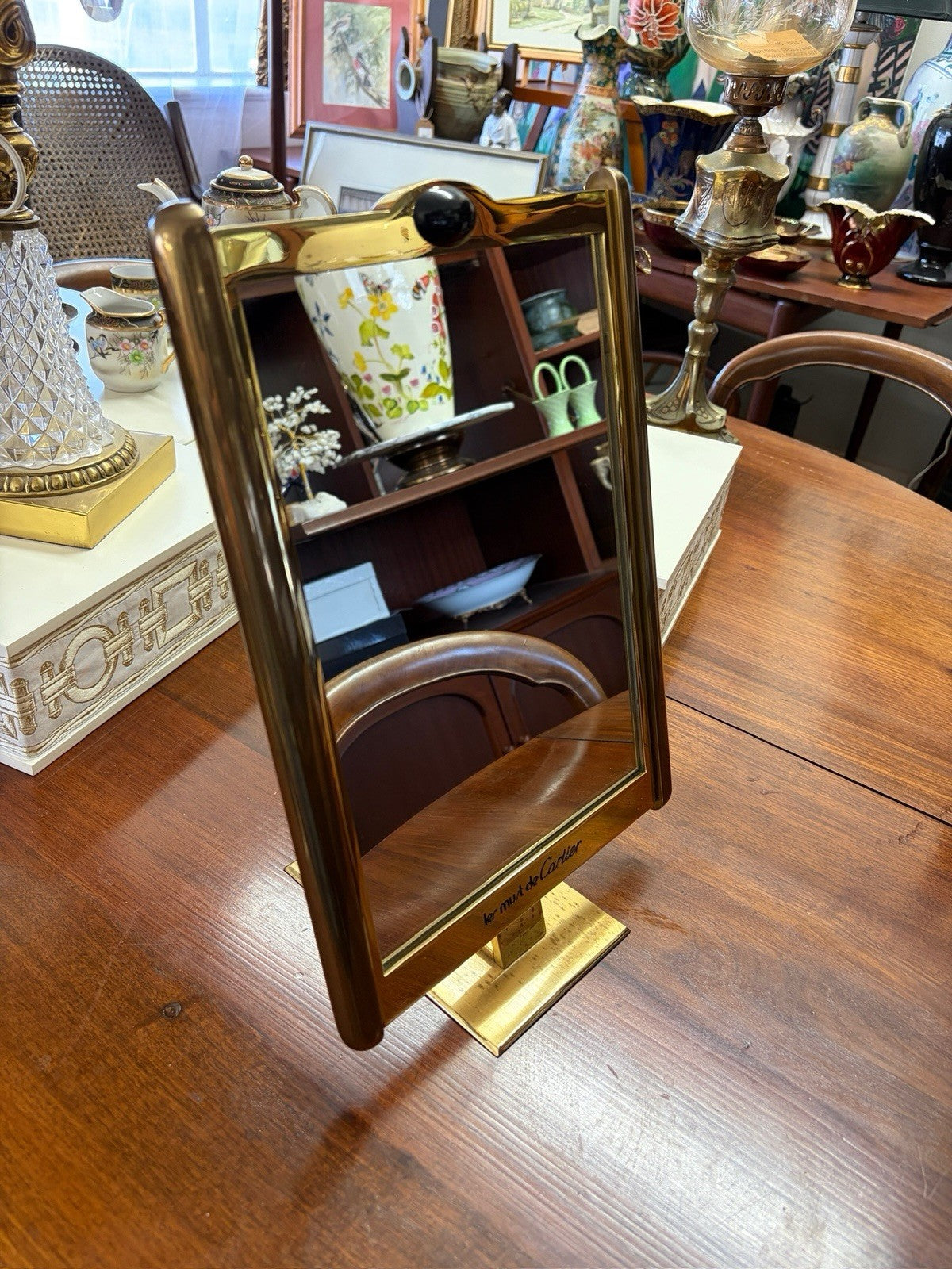 Vintage Les Must de Cartier Brass Vanity Mirror 1970s Black Cabochon France