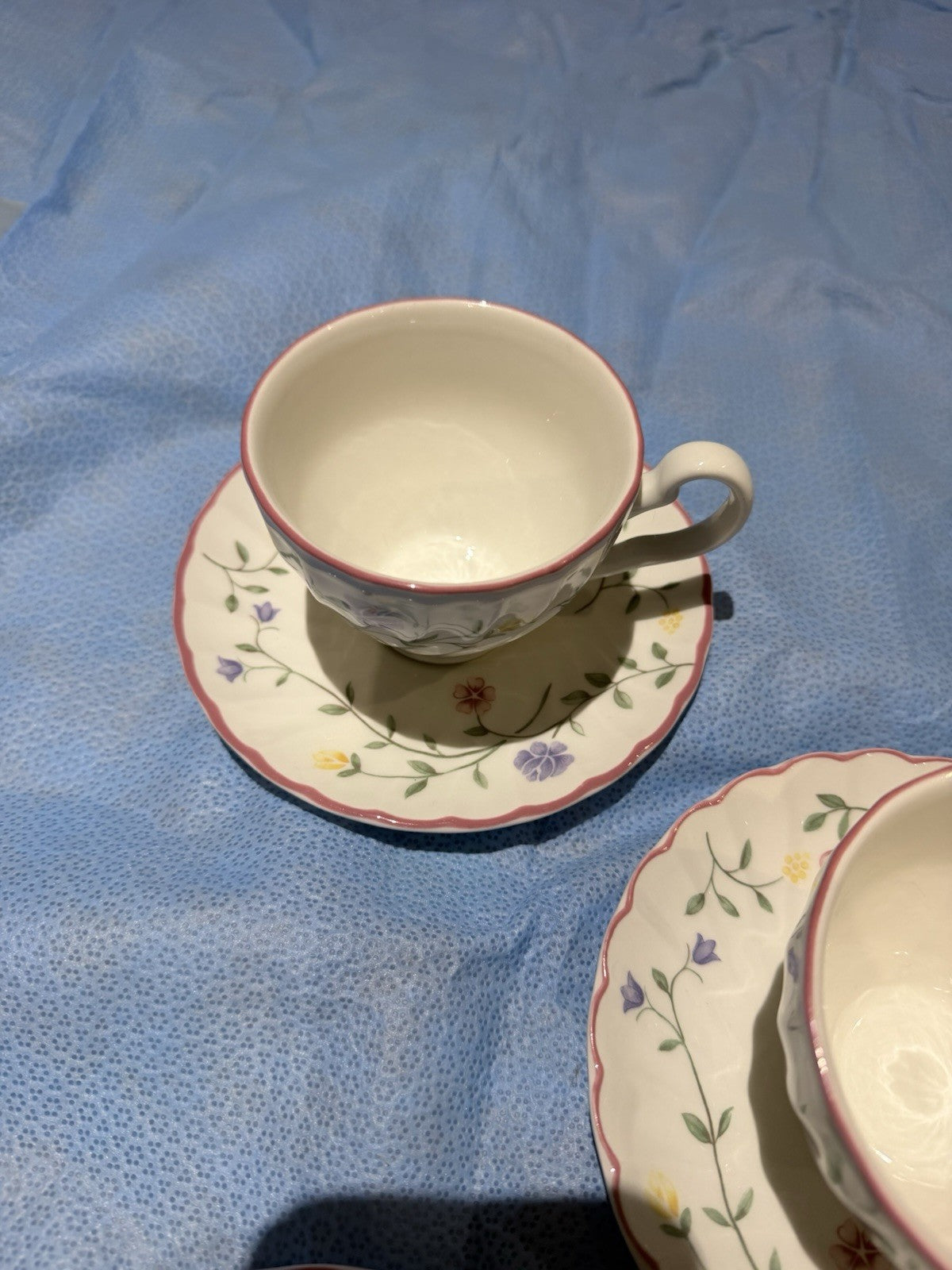 Johnson Brothers Tea Cups Saucers Set 5 Floral Pink Trim England Vintage