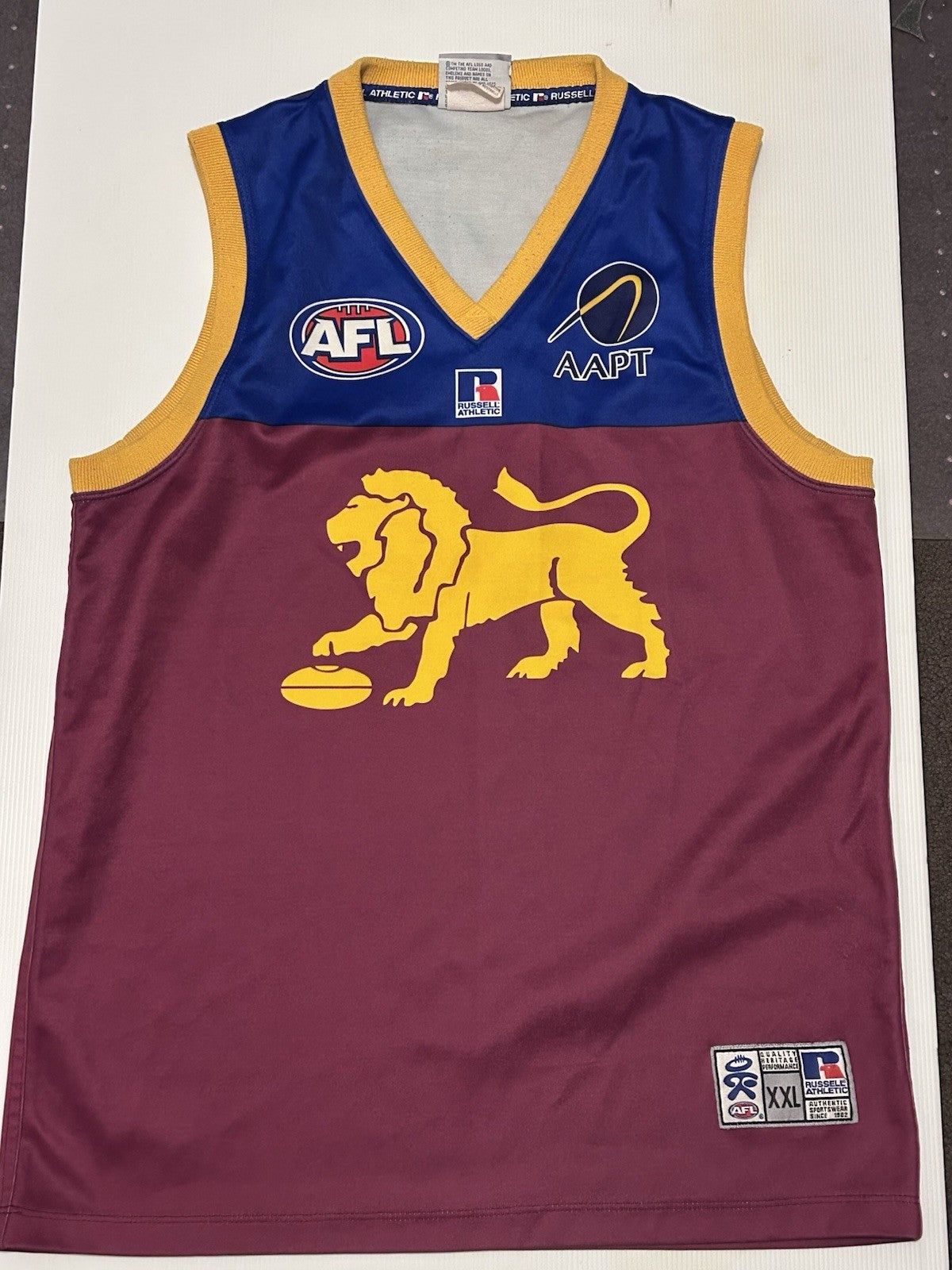 Vintage Brisbane Lions AFL Guernsey XXL Russell Athletic AAPT Early 2000s