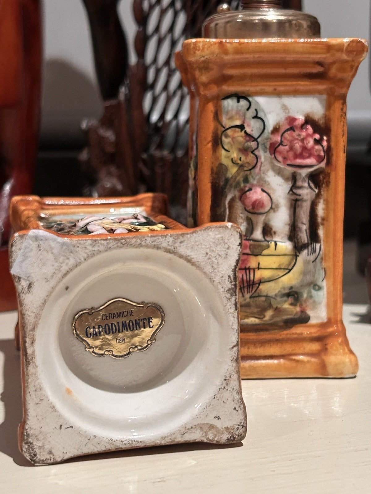 Vintage Capodimonte Italy Ceramic Salt Pepper Mills Hand Painted Pair