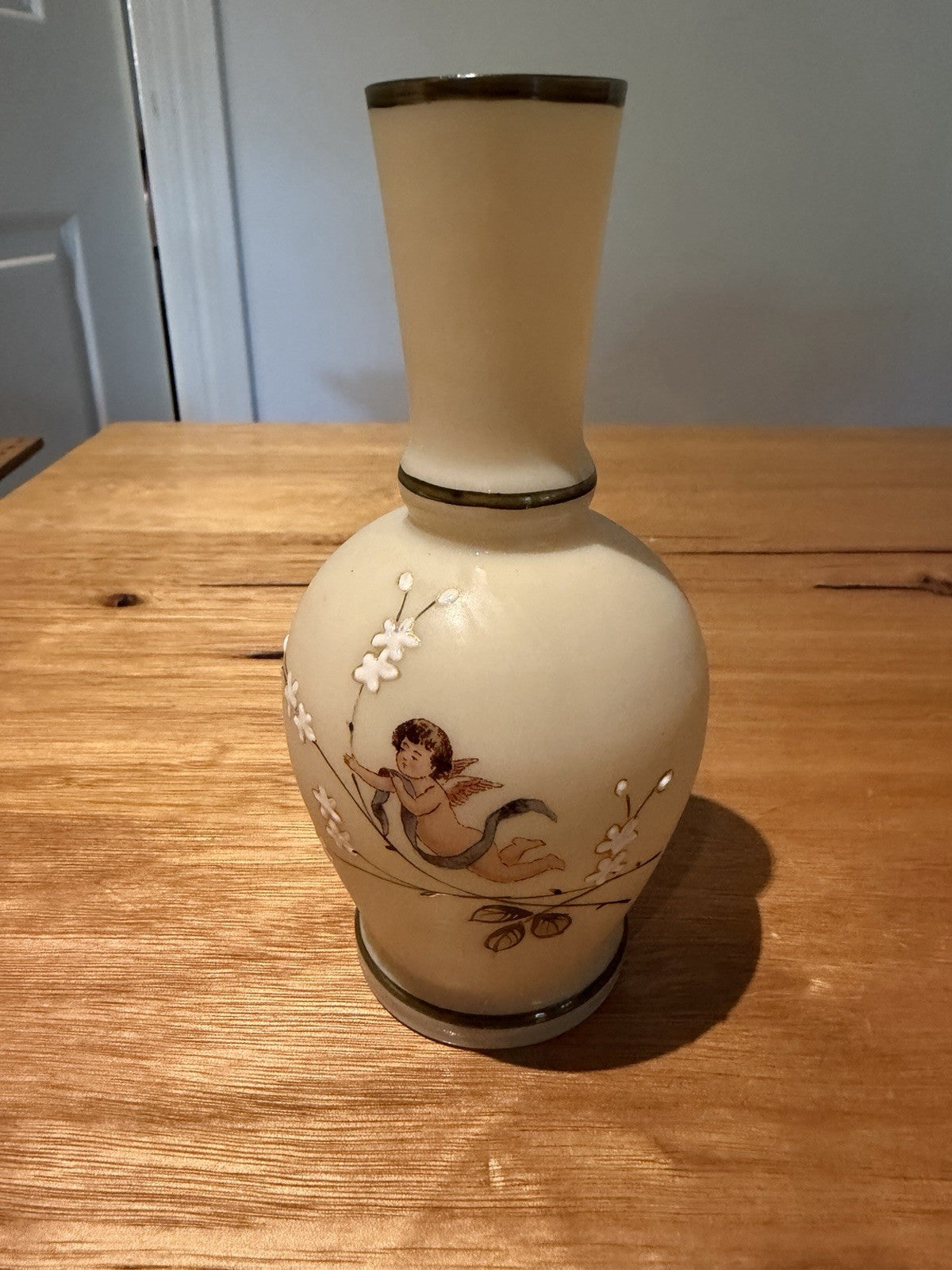 Antique Victorian Bristol Glass Cupid Cherub Enamel Flowers 5.5” Bud Vase