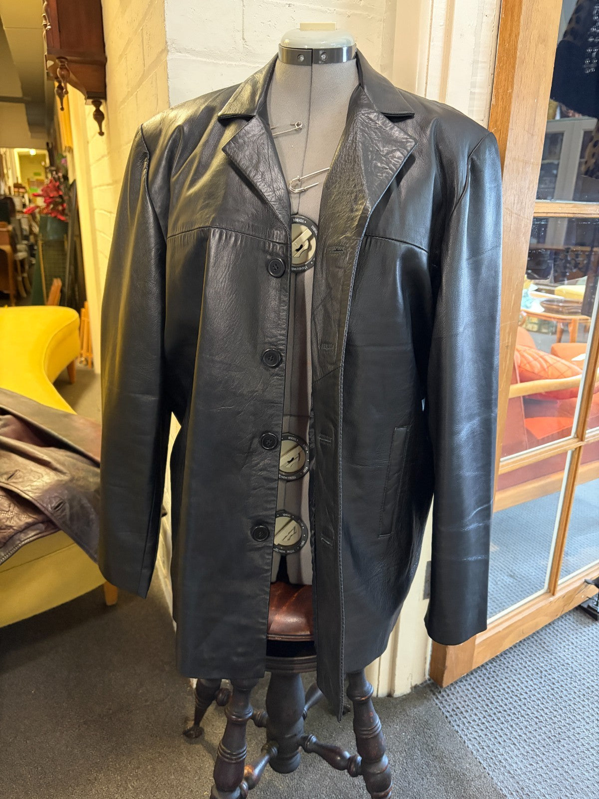 PROUDS Genuine Lambskin Leather Black Long Coat Jacket 2XL Button Front