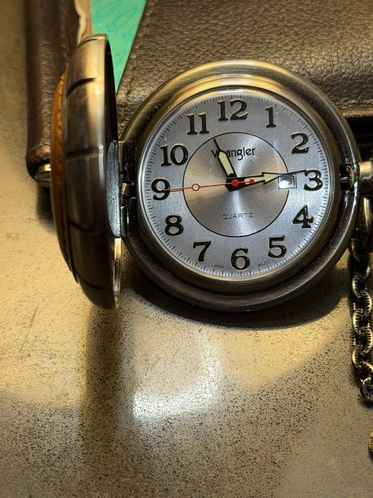 Wrangler Pocket Watch Quartz Date Leather Case Chain New Battery