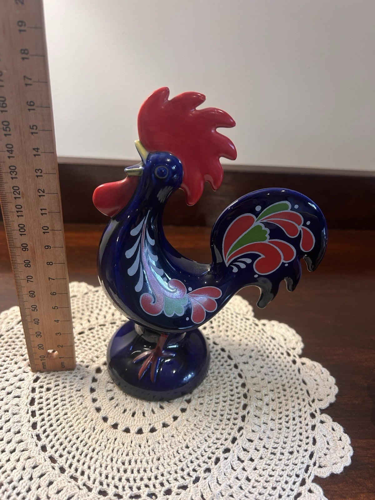 Goebel West Germany Rooster Figurine Blue Hand Painted Folk Art Style 17cm