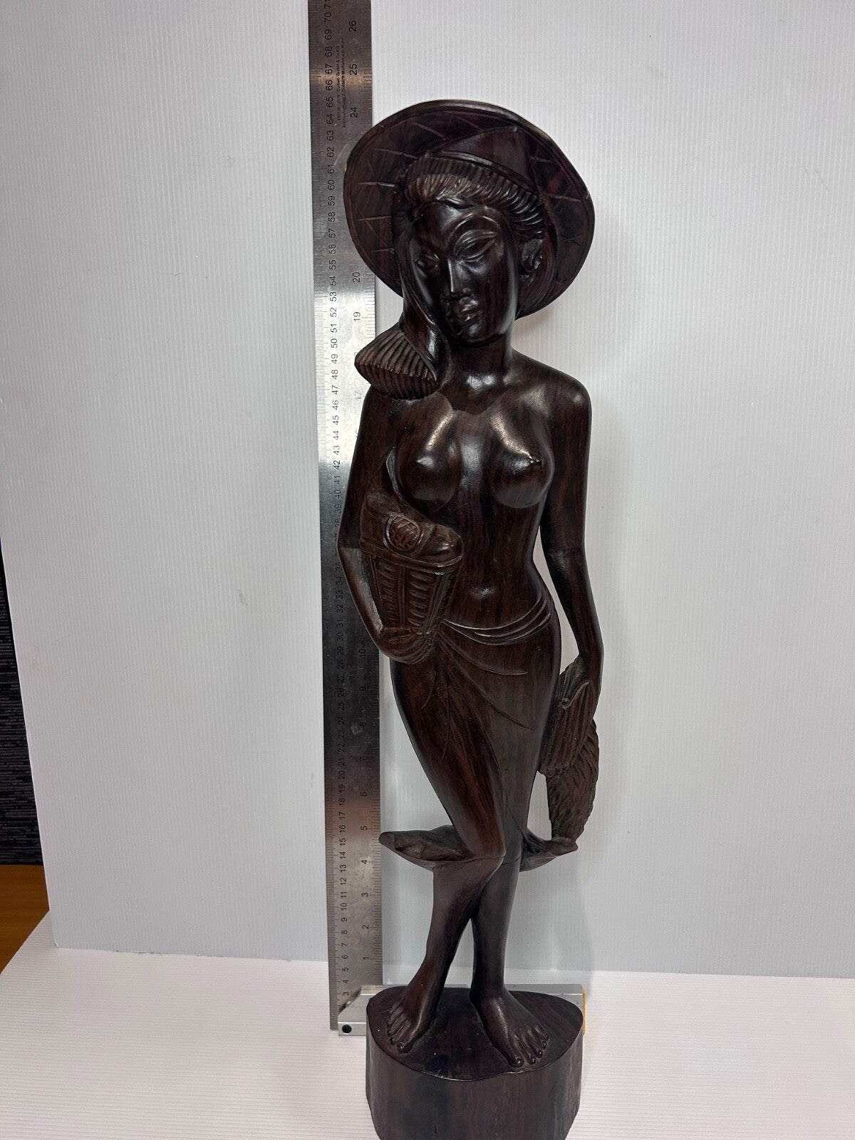 Hand-Carved Balinese Wooden Nude Female Figurine – 62cm tall Mid Century