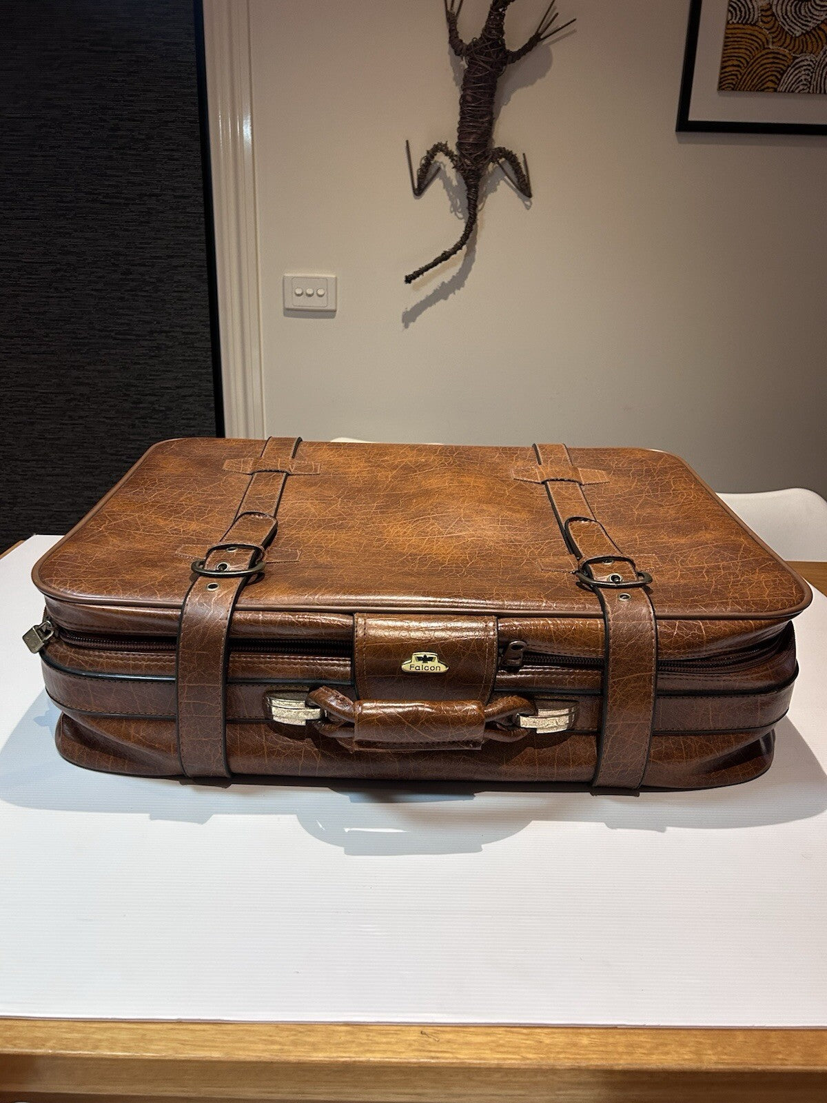 Vintage Falcon Faux leather Suitcase Retro Brown Travel Bag