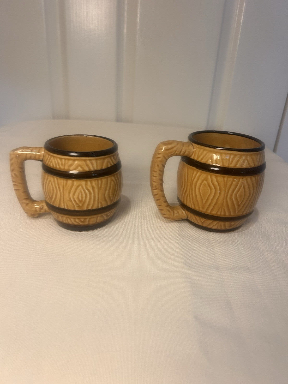 Vintage BARREL Mugs Pair – Japan Woodgrain Beer/Coffee Cups – 8cm & 9cm