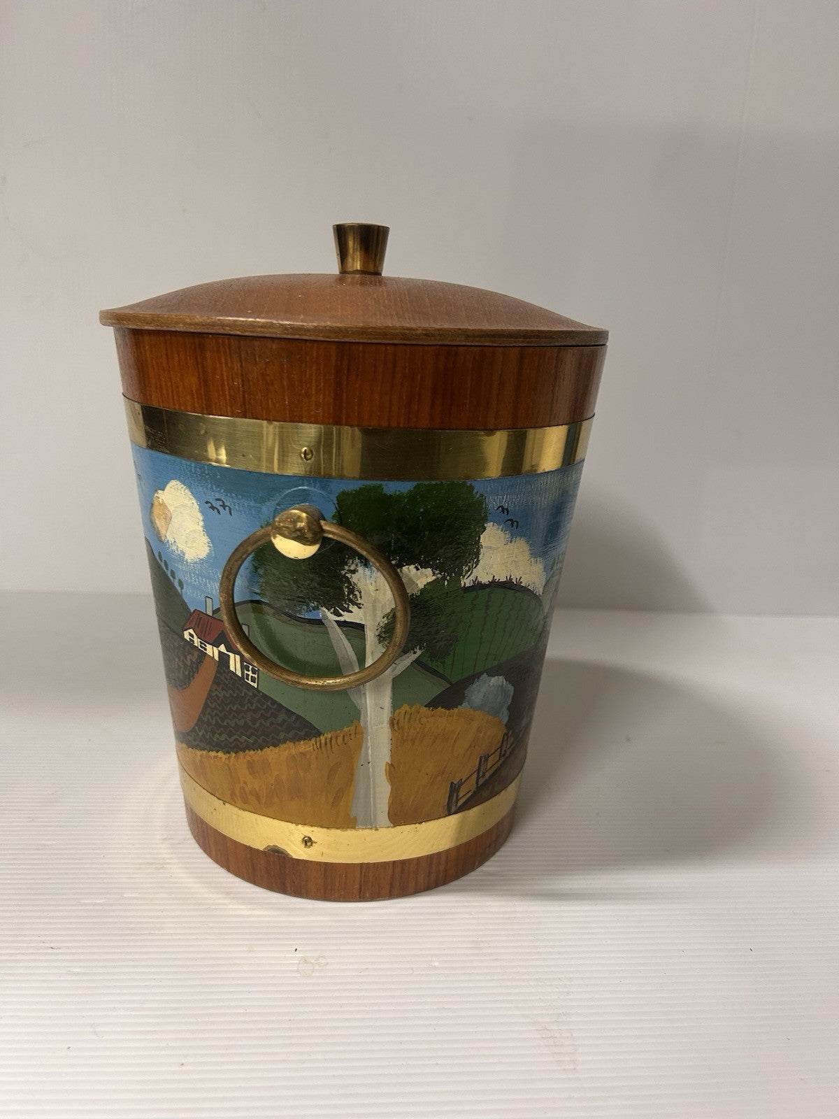Mid-Century Ice Bucket Hand Painted Farm Scene Brass Trim
