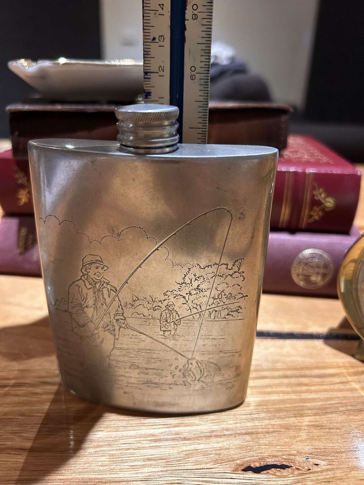 Comoy’s English Pewter 6oz Hip Flask Fishing Scene Sheffield England