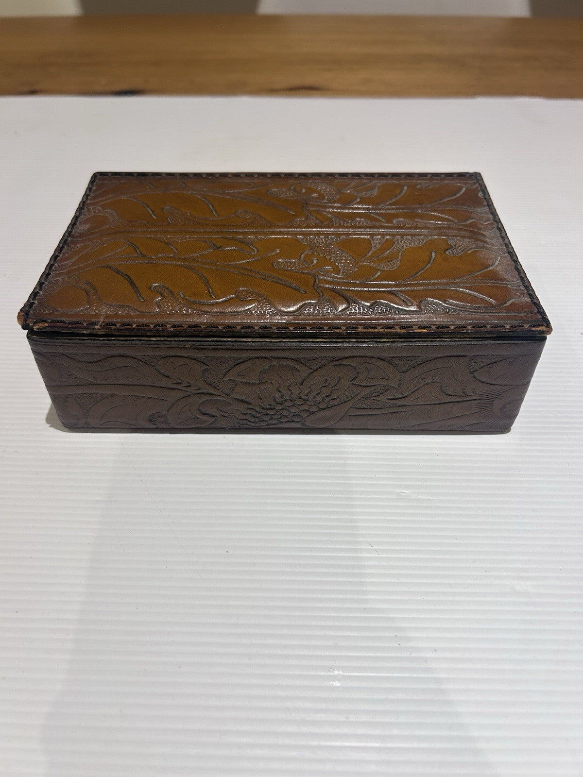 Vintage Handcrafted Leather Box by Konev NZ – Tooled Design, Lined Interior