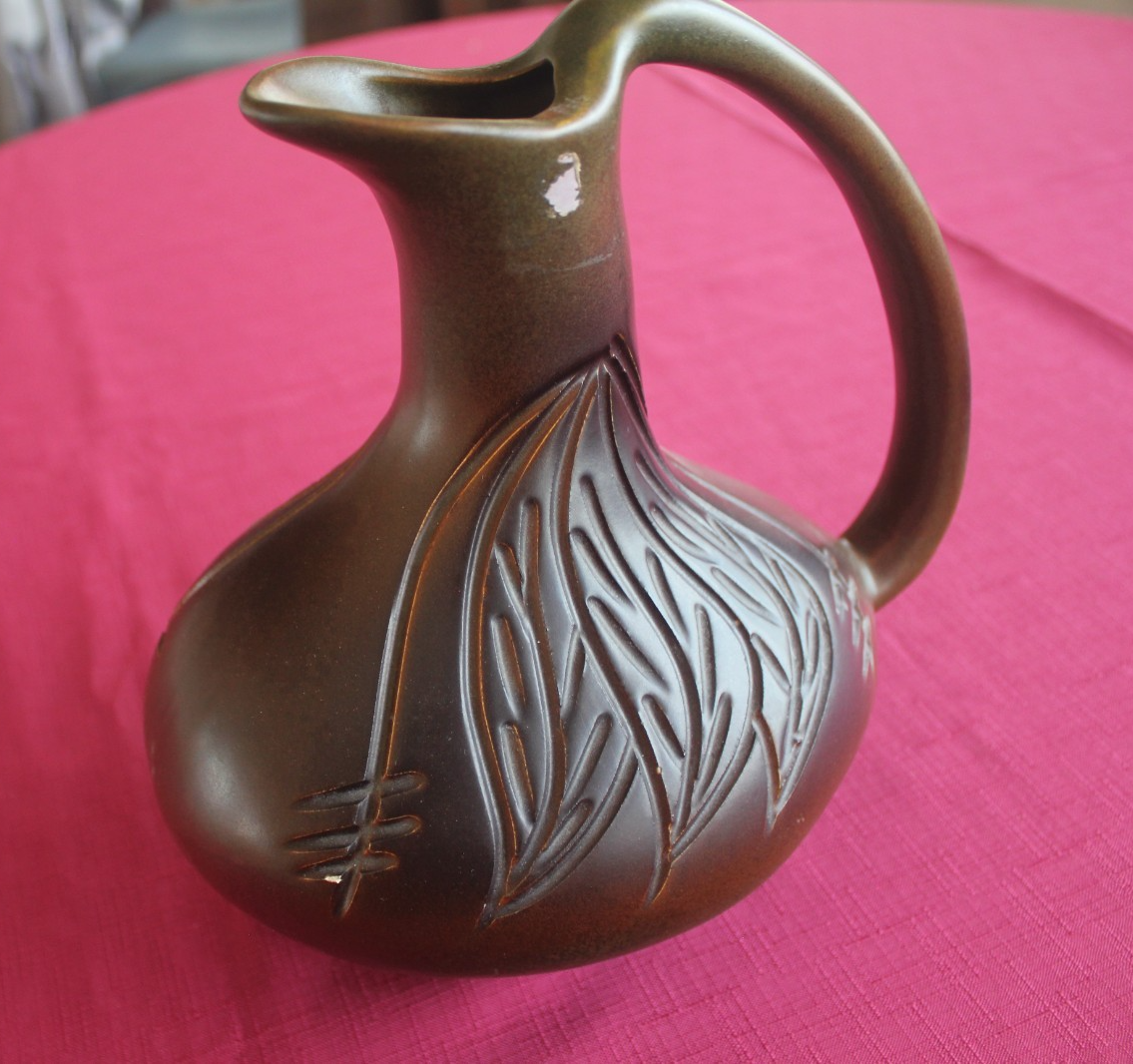 Vintage Studio Pottery Jug – Carved Leaf Motif | Mid-Century Modern