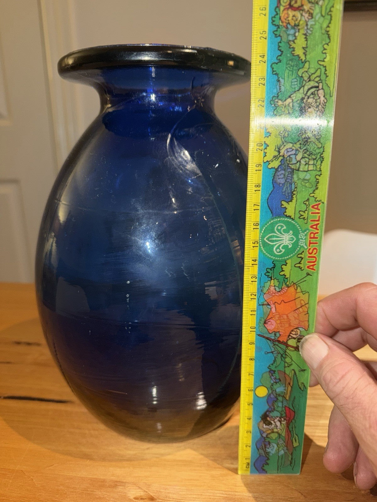 Vintage Cobalt Blue Hand Blown Art Glass Vase Heavy 2.54kg 25cm Rolled Rim