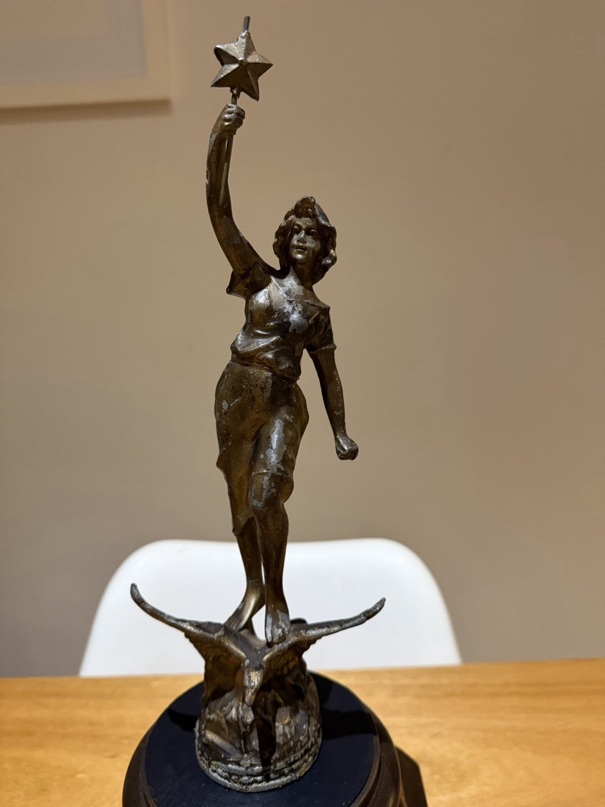 La Nuit Spelter Sculpture Lady With Star Eagle Figure on Timber Plinth