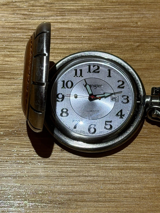 Wrangler Pocket Watch Quartz Date Leather Case Chain New Battery