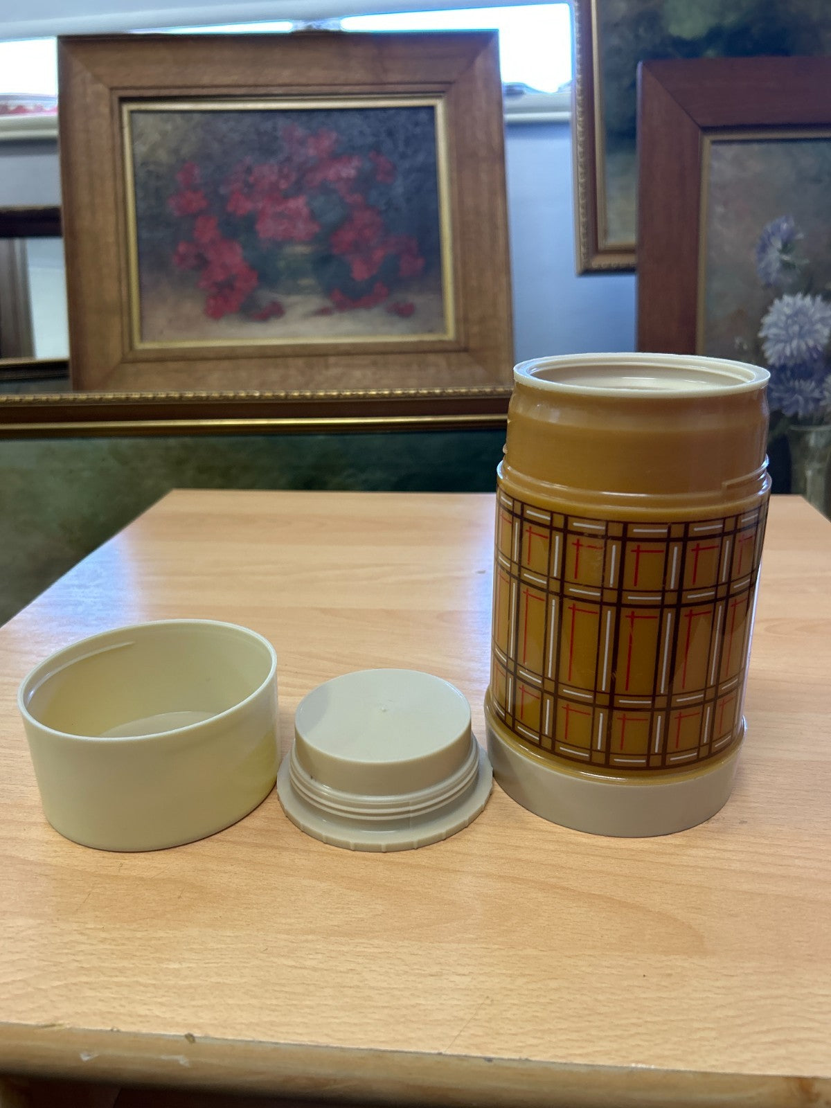 Vintage Aladdin Vacuum Food Jar Thermos 425ml Canada 1970s Mod Plaid