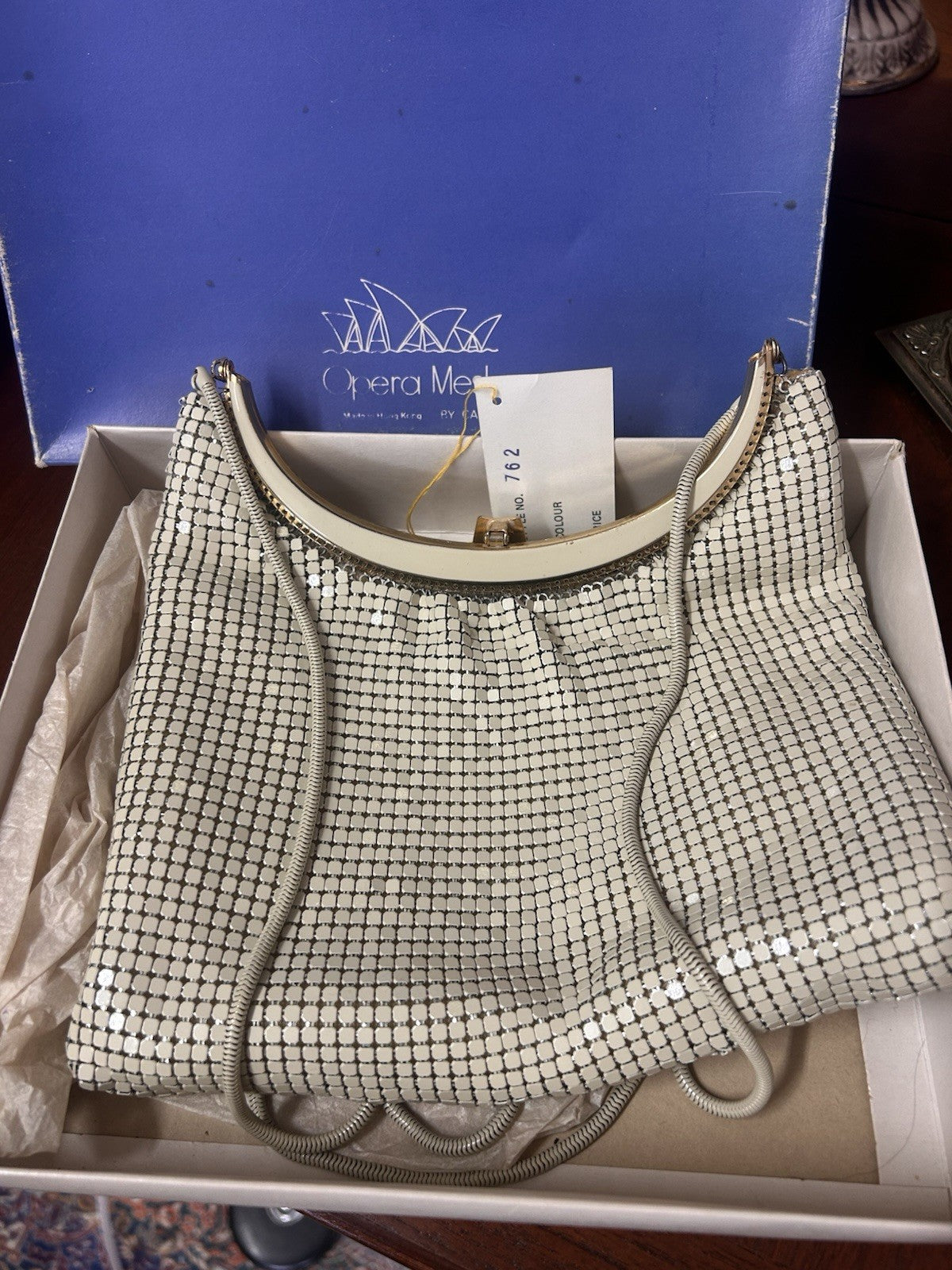 Vintage Opera Mesh by Caroma Evening Bag Cream Metal Mesh Boxed c.1960s