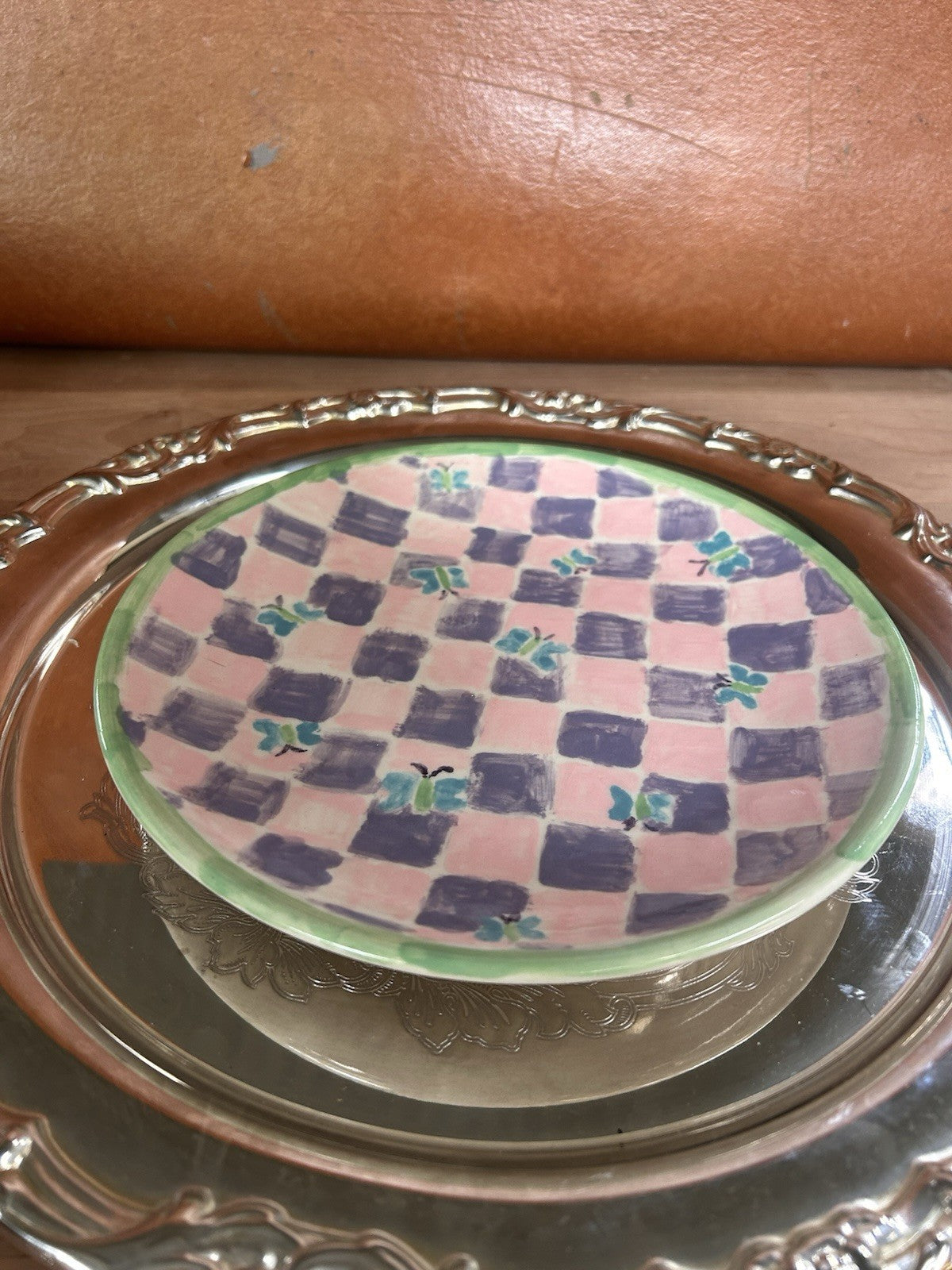 Bendigo Pottery Hand Painted Plates x2 Signed 75 – Pink Check Floral - 22cm