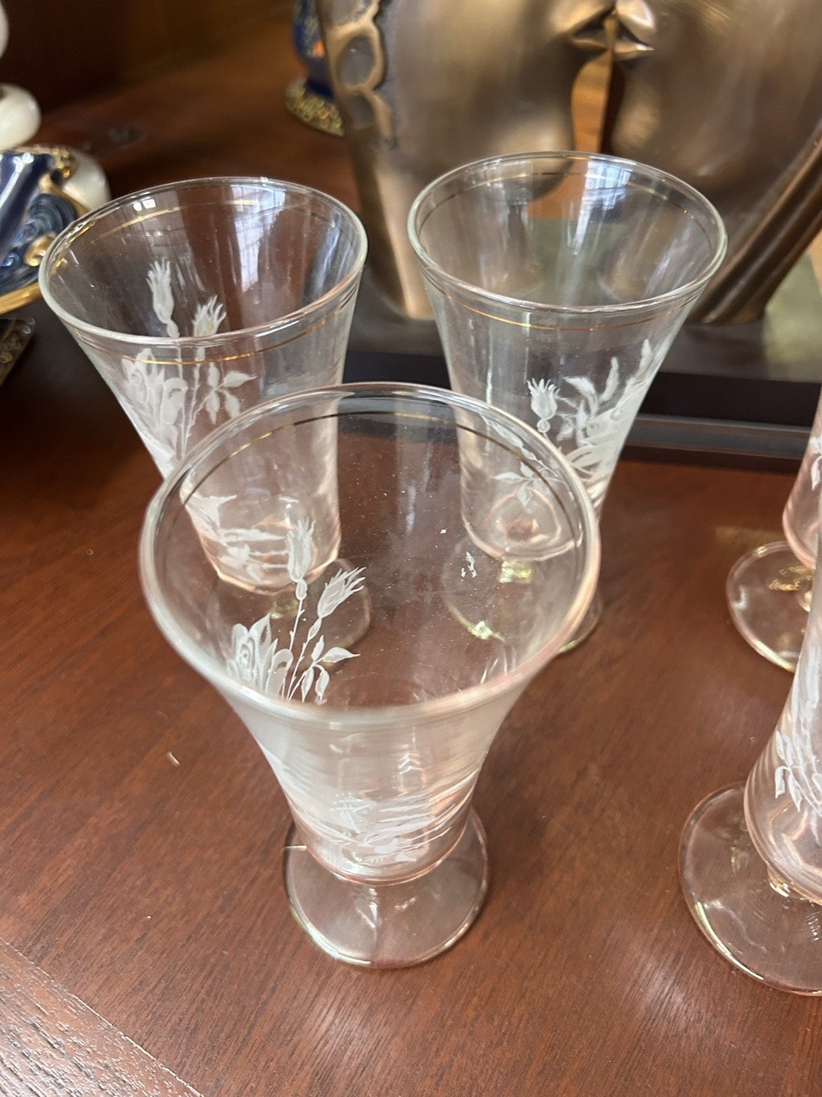 Vintage Etched Rose Glass Goblets Set of 5 Gold Rim Blush Pink Stemware 