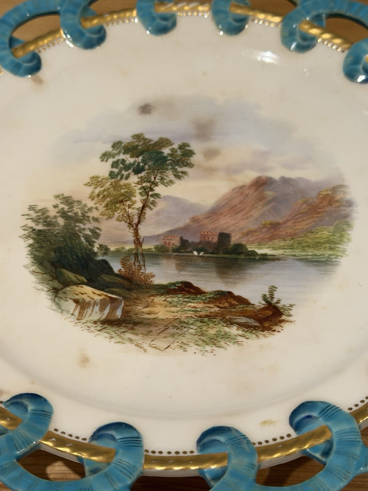 Antique Minton Style Porcelain Tazza Turquoise Pierced Rim Landscape c.1860