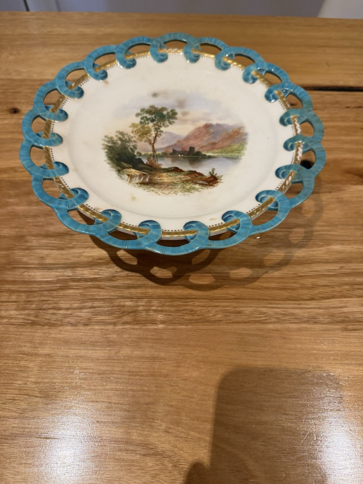 Antique Minton Style Porcelain Tazza Turquoise Pierced Rim Landscape c.1860