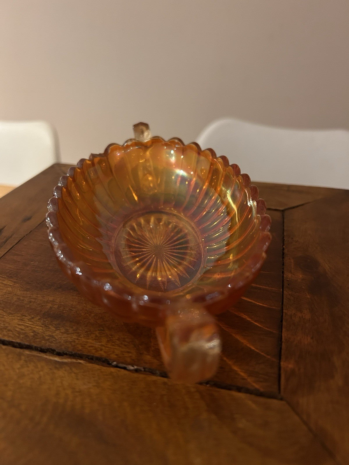 Vintage Amber Carnival Glass Serving Dish Handles Scalloped Bowl 30cm