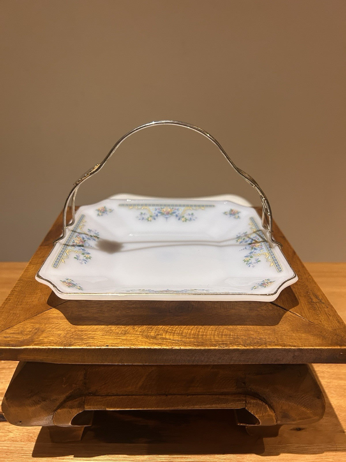 Vintage MP USA Home Set Porcelain Cake Plate w Handle Floral Gold Trim
