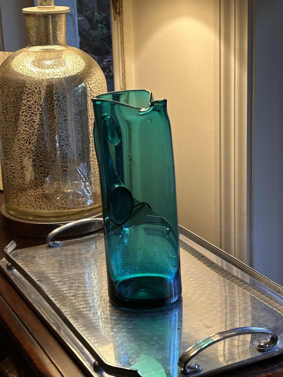 Vintage Scandinavian Teal Art Glass Pitcher 27cm Mid Century c1970 