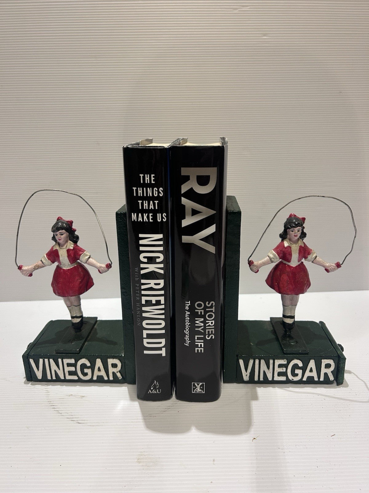 Vintage Styled Cast Iron Vinegar Skipping Girl Bookends with Wooden draws