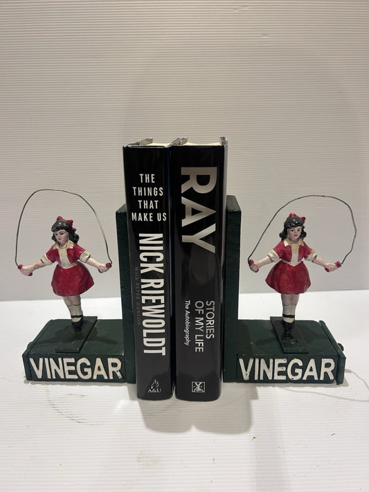 Vintage Styled Cast Iron Vinegar Skipping Girl Bookends with Wooden draws