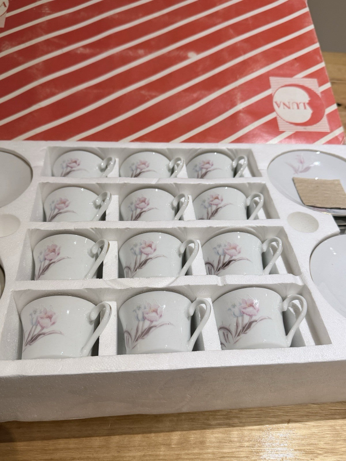 Luna Regent China Espresso Set Service 12 Pink Floral Boxed Demitasse