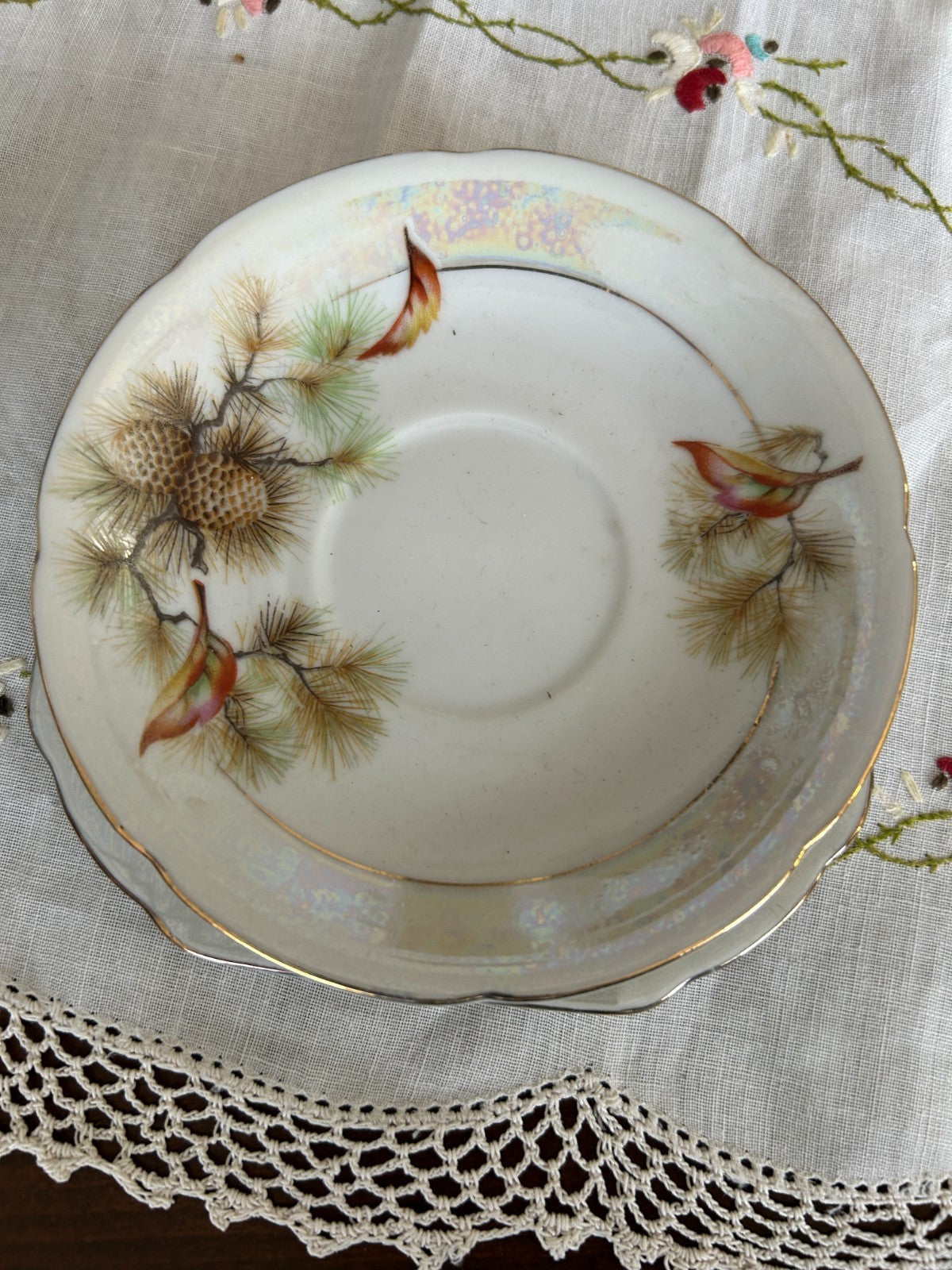 Vintage Pine Cone Bird Tea Trio Cup Saucer Plate Lustreware Japan