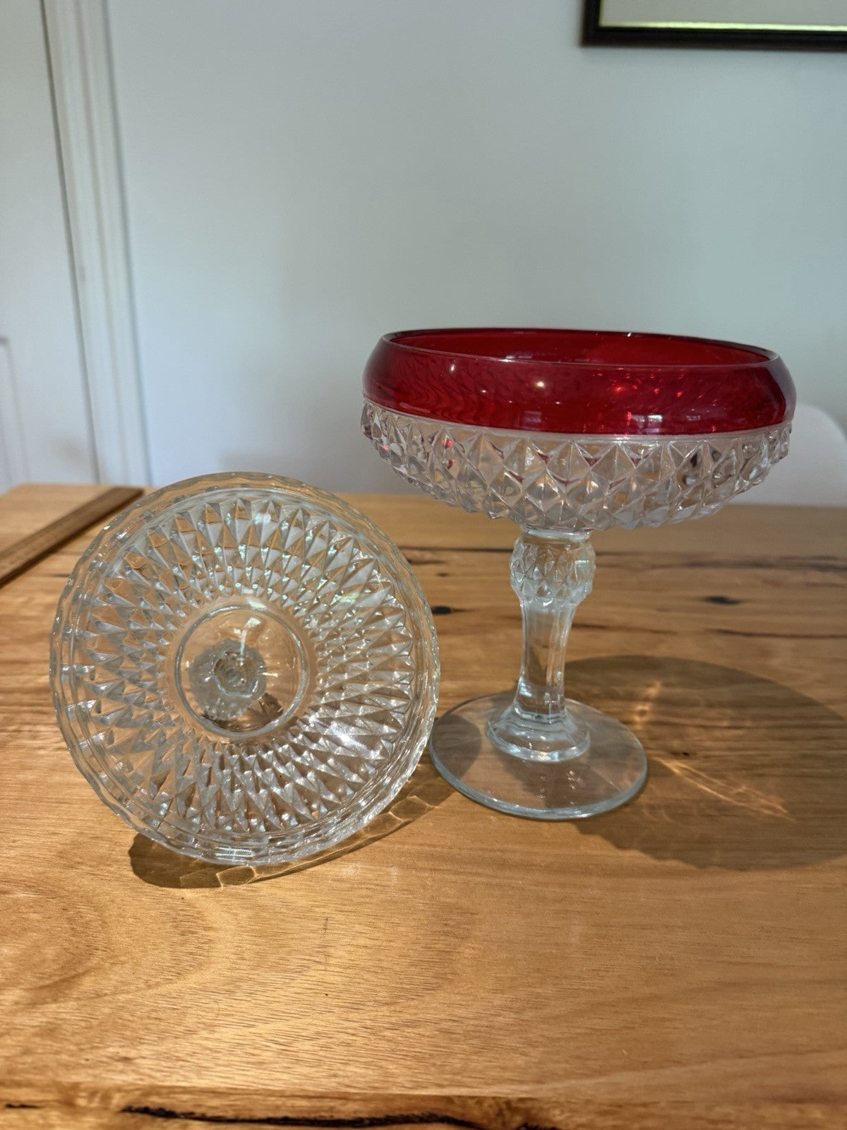 Vintage Indiana Glass Ruby Red Diamond Point Lidded Pedestal Candy Dish USA